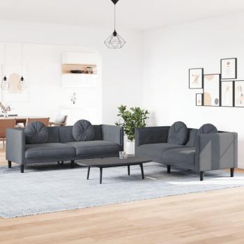Conjunto de sofás de 2 piezas con almohadas de terciopelo gris oscuro