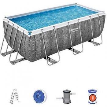 Piscina Rectangular Bestway Power Steel 56722 con dimensiones de 412x201x122 cm, incluye depuradora y escalera