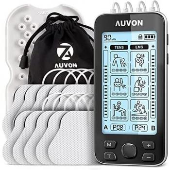 AUVON Electroestimulador TENS de 4 salidas, TENS EMS para terapia de alivio del dolor con masajeador de pulso eléctrico de 24 modos, 10 piezas electrodos premium de 2x 2 con diseño patentado（negro）