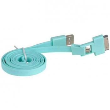3GO C116 - Cable Plano USB 2.0 a Micro USB B y Apple 30 Pines, Macho a Macho, Color Azul Turquesa, Longitud de 1m