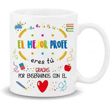 Taza con mensaje El mejor profe eres tú, gracias, dimensiones 8x8x9 cm, tipo mug de desayuno