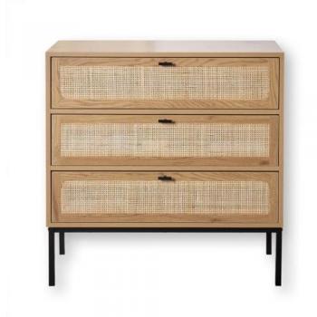 Cómoda 3 Cajones Efecto Madera con Rejilla de Ratán L80 x P39 cm