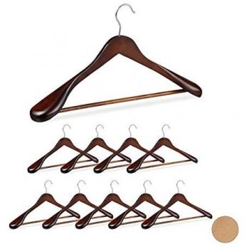 Pack 10 Perchas Traje Anchas Relaxdays, Madera-Metal, Dimensiones: 24 x 44,5 x 5,5 cm, Color: Marrón