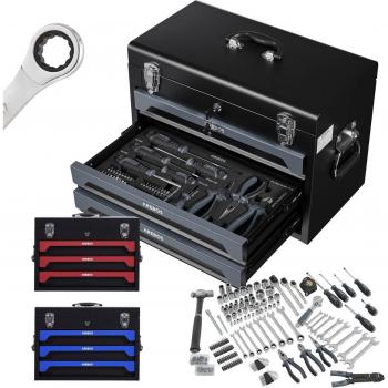 Caja de Herramientas AREBOS XXL - 172 Piezas - Principiantes y Profesionales - Hogar, Garaje y Taller - 3 Cajones - Cerradura - Azul / Negro