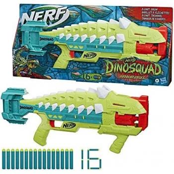 Nerf Lanzador DinoSquad Armorstrike - Tambor Giratorio de 8 Dardos, empuñadura extraíble, 16 Dardos - Diseño Anklyosaurus