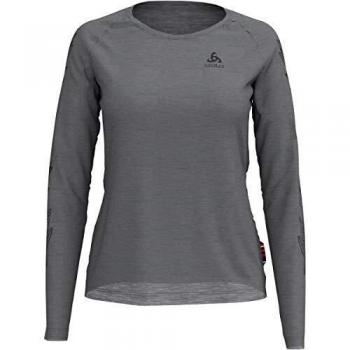Odlo Bl Top Crew Neck L/S Concord Camiseta, Primavera/Verano, BL Top Concord - Cuello Redondo para Hombre, Mujer, Color Grey Melange - Leaves on Sleeve Print SS19, tamaño Small