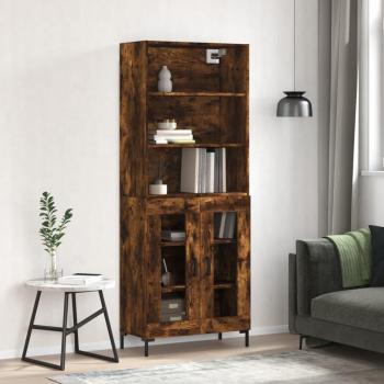 Aparador alto de madera contrachapada roble ahumado 69,5x34x180 cm con 2 puertas de cristal, mueble de almacenaje para salón, buffet y armario auxiliar