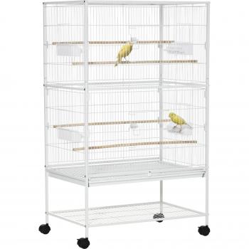 PawHut Jaula para Pájaros con Ruedas 78x52x132 cm con Bandeja Extraíble y Estante para Canarios Periquitos Blanco