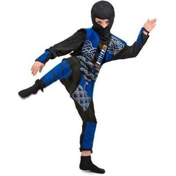 Disfraz de ninja azul y dorado para niño L (10-12 años, 130-140 cm)