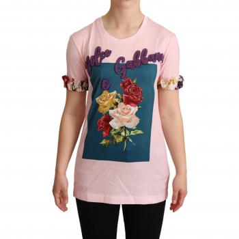 Dolce & Gabbana Pink Cotton Floral Roses Crewneck T-shirt - IT38 | S