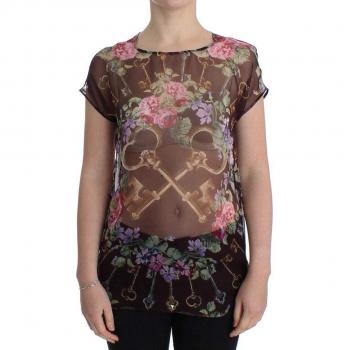 Dolce & Gabbana Black Key Floral Print Silk Blouse T-shirt - IT42|M, Female, Black, Size: S, Luxury Floral Print Silk