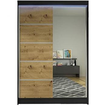 Armario Parys III con puertas correderas y espejo, 2 puertas, roble artisan y negro, dimensiones 200x120x58 cm, incluye barra para ropa y 5 estantes