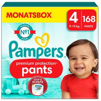 Pampers Pantalones Premium Protection Talla 4, 9-15kg, Caja Mensual (168 Pañales)