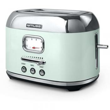 Tostadora Retro Verde Pastel Muse MS-120AG, 2 Ranuras, 1000W, 6 Niveles de Tostado, Pantalla Analógica, Botones Luminosos, Cajón Recoge Migas