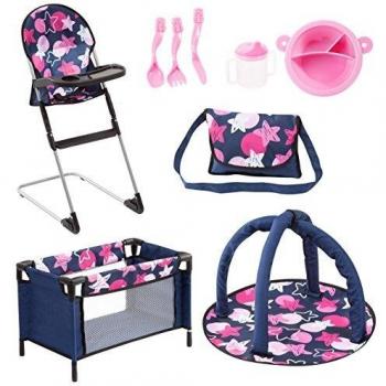 Bayer Design 61769AB Set 9 in 1 for dolls with highchair, bag, plate with cutlery and drinking cup, a play mat and travel bed, doll accessories set, blue pink stars
