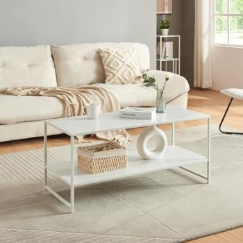 Mesa de Centro Rectangular Ruokolahti con Estante Inferior de Acero 102x43x46 cm - Blanco Mate