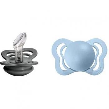 BIBS Couture Silicone Pacifier Iron/Baby Blue Size 1, 2-Pack