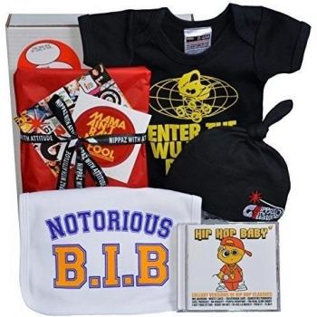 Wu Tang Clan Rap bebé caja de regalo, Enter The Wu Tang - Cochecito de bebé crecer, famoso babero, Hip Hop CD y sombrero de bebé gorro de lana de color negro negro negro Talla:6-12 meses
