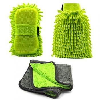 AutoEC Chenille Microfibra Set de Limpieza Para Coche Mitt, Con Paño de Pulido de Alta Densidad, Guantes de Limpieza Ultra Suave,Uso Húmedo o Seco