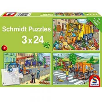 Puzzle Infantil 3x24 Piezas - Camión de Basura, Coche de Remolque y Barrendero
