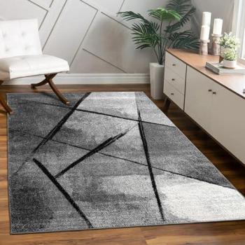 Alfombra Rectangular de Pelo Corto Moderna Abstracta Geométrica Gris y Negro, 60x100 cm, 13 mm de Altura