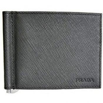 Prada Saffiano Mercurio 2MN077 - Cartera plegable de cuero gris con clip para dinero