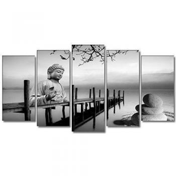 DekoArte 19 - Cuadros Modernos Impresión de Imagen Artística Digitalizada | Lienzo Decorativo Para Tu Salón o Dormitorio | Estilo Buda Zen Paisaje en blanco y Negro | 5 Piezas 150x80cm