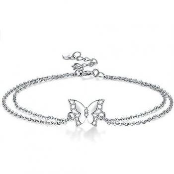 J.MUEN Mariposa Tobilleras Plata de Ley 925 Para Mujer con 3A Circonia Cúbica Verano Descalzo Playa, Ajustable 22+4cm