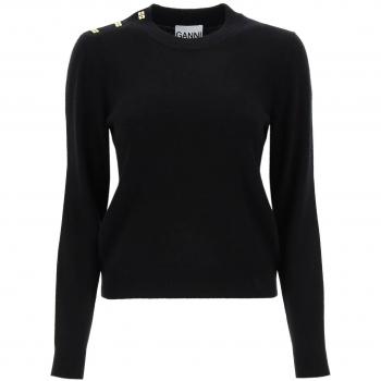 Ganni Merino Wool Sweater with Butterfly Buttons - S Black