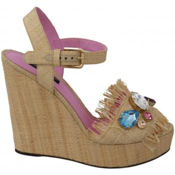 Dolce & Gabbana Beige Rhinestones Wedge Heel Sandals Shoes - EU38/US7.5