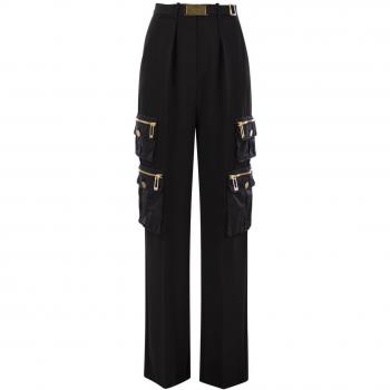 Elisabetta Franchi Women's Straight Crepe Trousers with Pockets and Belt in Black | Size 44 | PA04546E2