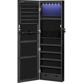 Espejo joyero de pared con luces LED, armario organizador de joyas con cierre, espacio para pendientes y collares, disponible en blanco, negro o roble