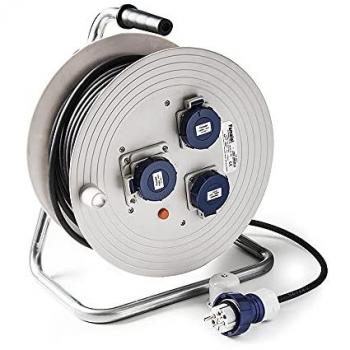 Enrollacable industrial 3 tomas IP67 de 25 metros, 3x1,5 mm2, Famatel 30017, con clavija TT-16A-250V y disyuntor