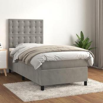 Cama box spring con colchón viscoelástico espuma protector muelles ensacados adaptable acolchado reversible terciopelo gris claro 90x190 cm
