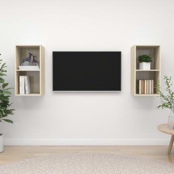 Mueble de TV de pared 2 piezas Sonoma Oak en aglomerado con diseño moderno, acabado en color roble Sonoma, fabricado en aglomerado resistente, incluye estanterías y soporte para dispositivos multimedia