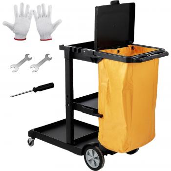 Carro de Limpieza Comercial Vevor de 3 Estantes, Carrito de Limpieza de Plástico con Capacidad para 200 Libras, Carro de Empuje Móvil Negro con 4 Ruedas y Bolsa de PVC