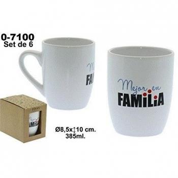 Supernova Decoracion-Set 6 tazas de Mung cerámica decorado con dibujos y palabra MEJOR EN FAMILIA .Medidas 8,5x10 Capacidad 385ml