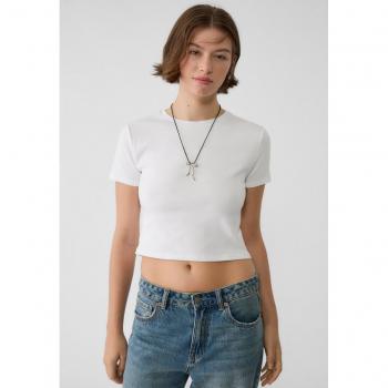Stradivarius White Short Sleeve Cropped Cotton T-Shirt M