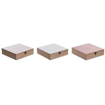 Caja para Infusiones DKD Home Decor Cristal Rosa Metal Blanco 24 x 24 x 7 cm 3 Piezas Madera MDF