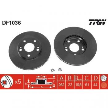 Disco de freno TRW DF1036, tipo: disco de freno, características: fabricado en material de alta calidad para un rendimiento óptimo, diseño que mejora la disipación del calor, resistencia a la deformación y al desgaste