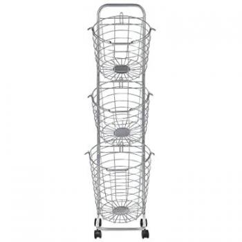 Carrito de Almacenamiento de Metal Plateado con 3 Cestas, Ruedas y Asas para Cocina y Baño