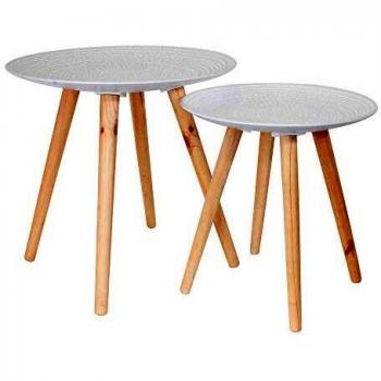 Set de 2 mesas nido redondas con relieve en color blanco y beige, dimensiones 49,5 x 49,5 x 49,5 cm