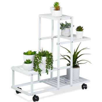 Estantería Metálica para Plantas con 4 Niveles, Mueble para Macetas y Ruedas, Acero Blanco, 60.5 x 61.5 x 26 cm
