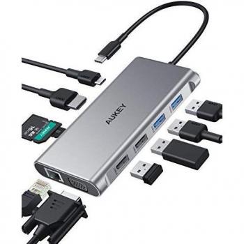 AUKEY Hub USB C 10 en 1 USB C Adaptador con Ethernet, HDMI 4K, VGA, 2 USB 3.0, 2 USB 2.0, PD 100W, Puerto de Datos USB-C, SD/TF para MacBook
