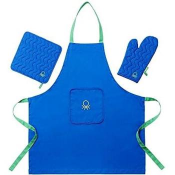 Set 3PC Delantal Azul Rainbow - Incluye Manopla y Agarrador, 75x85cm, 100% Algodón 190GSM - Casa Benetton