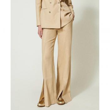 Pantalón de mujer de sarga de lino con aberturas