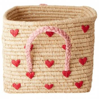 Cesta cuadrada de rafia para niños con asas Corazones Rojos 30x30 cm
