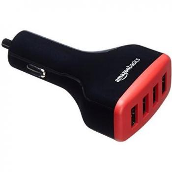Amazon Basics - Cargador de coche, de 9,6 A / 48 W, 4 puertos USB, para dispositivos Apple y Android, Negro / Rojo