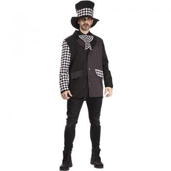 Disfraz de Sombrerero Oscuro para hombre con chaqueta larga, chaleco estampado, camisa blanca, corbata negra y sombrero alto
