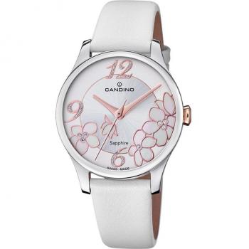 Reloj Candino Lady Elegance C4720/1 para Mujer, Caja de Acero Inoxidable 316L Plateado, Correa de Piel Blanca